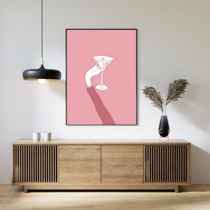 Espresso Martini, póster de cóctel rosa, arte de bar funky dibujado a mano, ilustración de bebidas coloridas, decoración de mixología retro, impresión de fiesta divertida