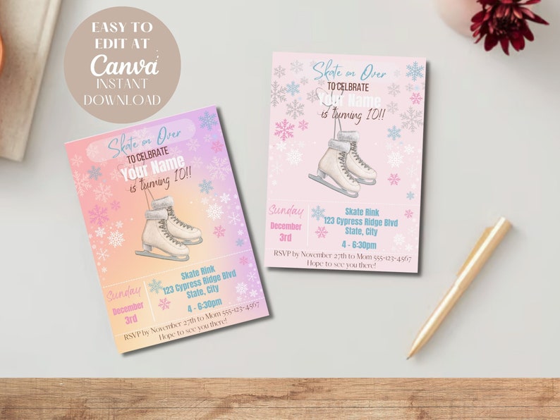 Editable Ice Skating Kids Birthday Invitation Template, Printable ...