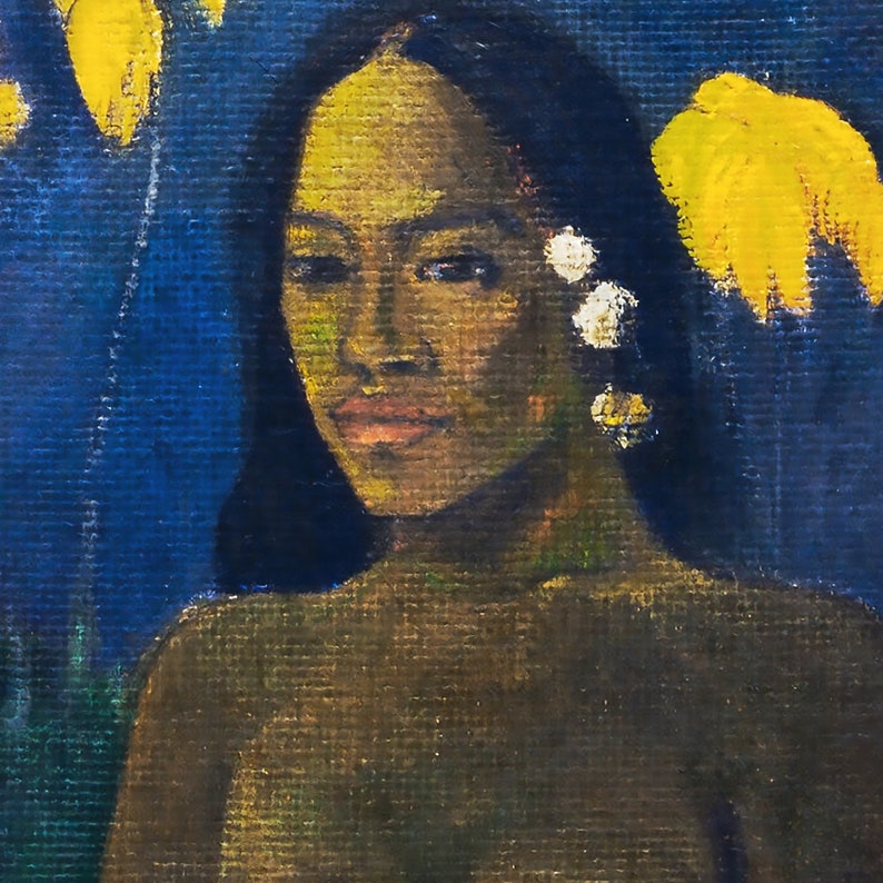 May include: Oil painting of a woman with dark hair and skin, adorned with white flowers. The background is a deep blue with yellow floral accents. The woman's face is illuminated with a warm, golden hue, creating a striking contrast.