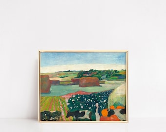 Pajares en Bretaña, c. 1890 / Cuadro vintage de paisaje de Paul Gauguin / Decoración ecléctica y vibrante para el hogar rural / Estampado de vaca a color / Bellas Artes