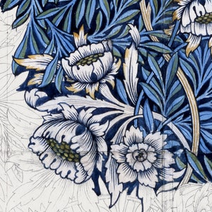 May include: Close-up of a floral pattern featuring large white flowers with yellow centers and blue and green leaves. The design has a vintage aesthetic, with a detailed, hand-drawn appearance. The background is a light cream color.