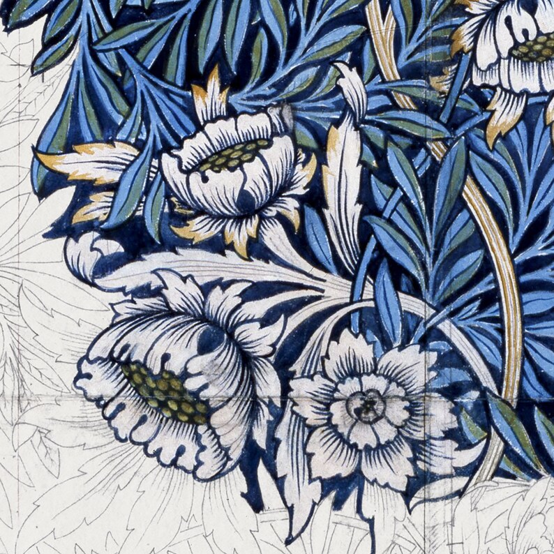 May include: Close-up of a floral pattern featuring large white flowers with yellow centers and blue and green leaves. The design has a vintage aesthetic, with a detailed, hand-drawn appearance. The background is a light cream color.