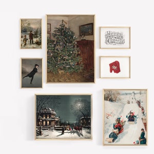 Vintage Christmas Paintings Set of 7  c. 1700 - 1900 | Classic Holiday Wall Art | Vintage Christmas Gallery Set | Fine Art Academia Decor
