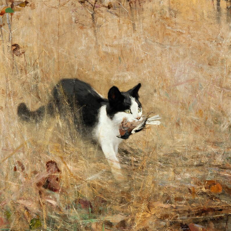 K&ouml;nnte beinhalten: &Ouml;lgem&auml;lde einer schwarz-wei&szlig;en Katze in einem Feld aus trockenem Gras. Die Katze tr&auml;gt einen Vogel im Maul. Das Kunstwerk hat eine warme, erdige Farbpalette mit Braun, Beige und Hauch von Gr&uuml;n.
