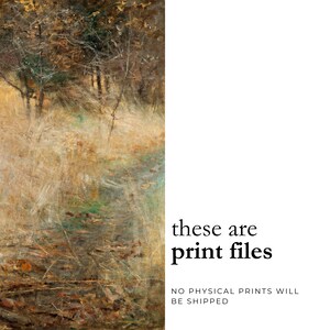 K&ouml;nnte beinhalten: Abstrakte Landschaftsmalerei in Erdt&ouml;nen von Braun, Gr&uuml;n und Gelb. Das Kunstwerk zeigt eine nat&uuml;rliche Szene mit B&auml;umen und Bl&auml;ttern. Der Text auf der rechten Seite lautet "these are print files" und "NO PHYSICAL PRINTS WILL BE SHIPPED."