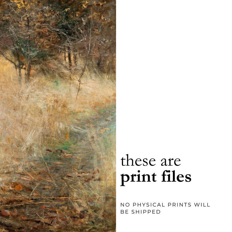 K&ouml;nnte beinhalten: Abstrakte Landschaftsmalerei in Erdt&ouml;nen von Braun, Gr&uuml;n und Gelb. Das Kunstwerk zeigt eine nat&uuml;rliche Szene mit B&auml;umen und Bl&auml;ttern. Der Text auf der rechten Seite lautet "these are print files" und "NO PHYSICAL PRINTS WILL BE SHIPPED."