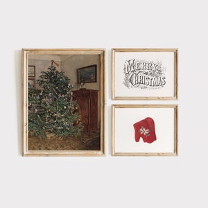 Vintage Christmas Paintings Set of 3 c. 1800 | Classic Holiday Wall Art | Vintage Christmas Gallery Set | Fine Art Academia Decor