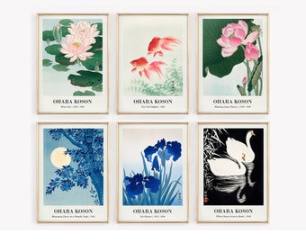Ohara Koson Art Posters Set of 6 | Vintage Japanese Water Lily Wall Art | Water Garden Home Decor | Blue Landscape Paintings | Fine Art