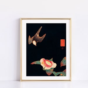 Swallow and Camellia c. 1900 | Ito Jakuchu Wall Art | Japanese Wall Art | Vintage Bird Wall Art | Pink Flower Wall Art | Fine Art Print
