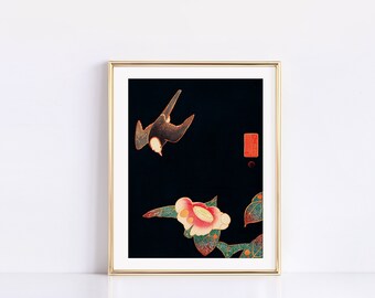 Swallow and Camellia c. 1900 | Ito Jakuchu Japanese Bird Art | Colorful Vintage Ukyio-e Wall Art | Eclectic Museum Home Decor | Fine Art