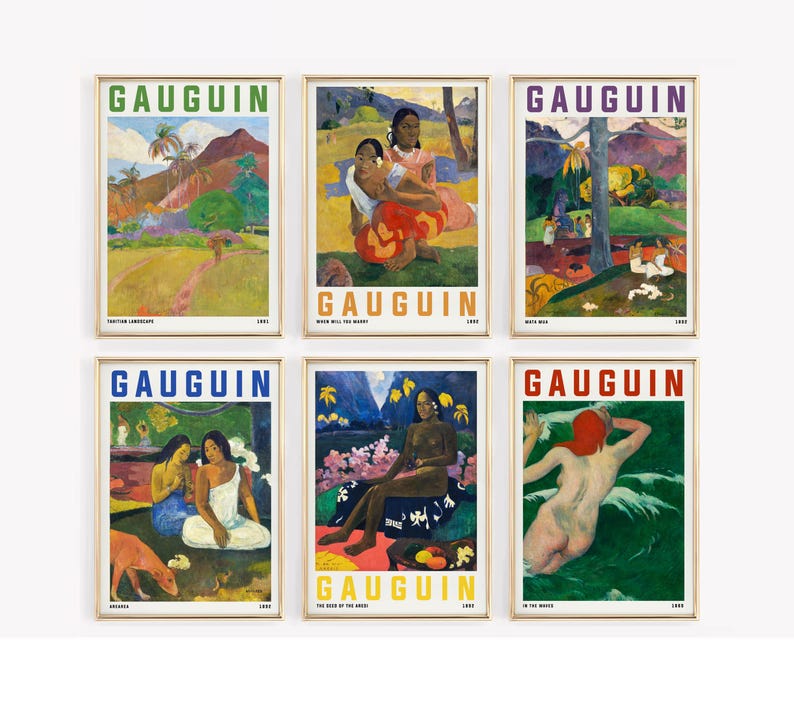 May include: Six framed art prints featuring colorful paintings by Gauguin. Each print has a gold frame and includes the artist's name at the top. The paintings depict scenes with people, landscapes, and text at the bottom.