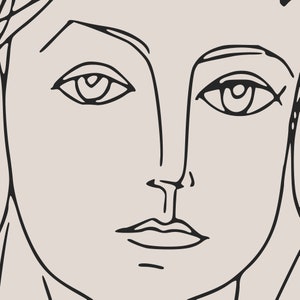 Puede incluir: Un dibujo lineal minimalista de un rostro, sobre un fondo beige neutro. El rostro est&aacute; representado con l&iacute;neas negras gruesas, delineando los ojos, la nariz, los labios y el cabello. La obra de arte tiene una est&eacute;tica moderna y abstracta.