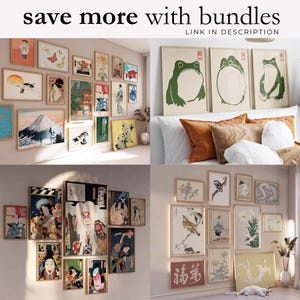 May include: A collection of framed art prints featuring Japanese-inspired designs. The prints showcase various scenes, including landscapes, animals, and figures, in a range of colors. The text "save more with bundles" is at the top of the image.