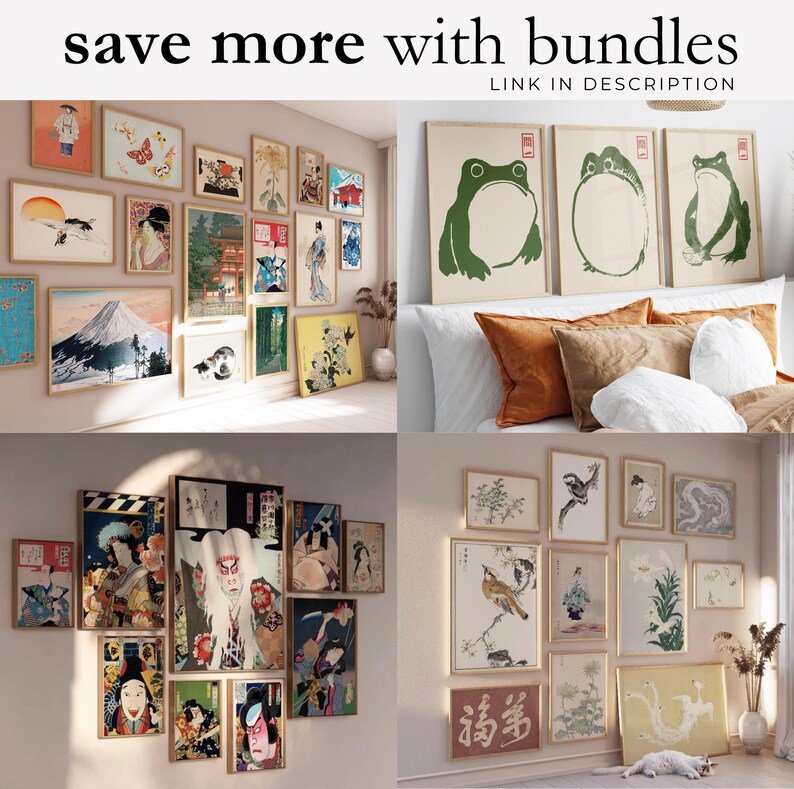 May include: A collection of framed art prints featuring Japanese-inspired designs. The prints showcase various scenes, including landscapes, animals, and figures, in a range of colors. The text "save more with bundles" is at the top of the image.