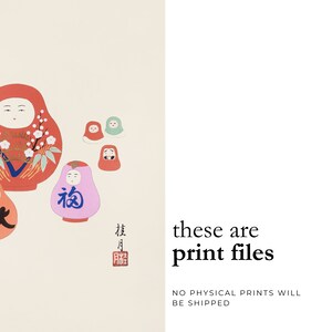 May include: A digital print featuring a collection of Japanese Daruma dolls in various sizes and colors, including red, pink, and green. The print includes Japanese text and the words "these are print files".