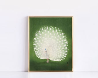 Peacock c. 1925 - 1936 | Vintage Green Ohara Koson Japanese Bird Art | Colorful Ukyio-e Wall Art | Eclectic Museum Home Decor | Fine Art