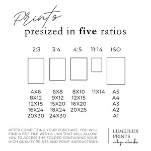 Puede incluir: Un gr&aacute;fico blanco con el texto "Prints presized in five ratios" y opciones de tama&ntilde;o para impresiones, incluyendo 10x15cm, 20x25cm y 28x35cm. La imagen tambi&eacute;n incluye el texto "LUMEFLUX PRINTS vintage artworks."