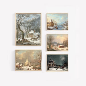 Vintage Christmas Landscape Paintings Set of 5 c.1700-1800 | Classic Holiday Decor | Vintage Christmas Gallery Set | Fine Art Academia Decor