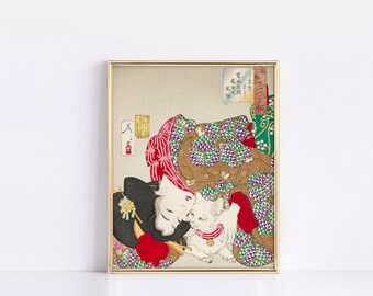Appearing Tiresome c. 1888 | Vintage Tsukioka Yoshitoshi Geisha Wall Art | Colorful Japanese Cat Wall Art | Eclectic Museum Decor | Fine Art