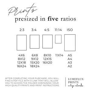 May include: White graphic with the text "Prints presized in five ratios" and size options for prints, including 4x6, 8x10, and 11x14 inches. The image also includes the text "LUMELUX PRINTS vintage artworks."