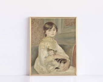 Julie Manet c. 1887 | Pierre-Auguste Renoir Wandkunst | Berühmtes Gemälde | Vintage Porträt | Vintage Mädchen & ihre Katze Kunst | Fine Art Academia