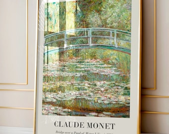 Póster de Claude Monet / Póster impresionista vintage de jardín de verano / Decoración del hogar en tonos pastel neutros / Puente sobre un estanque de nenúfares / Bellas Artes