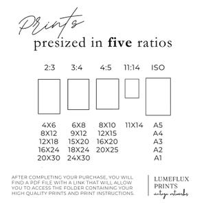 May include: A white graphic with the text "Prints presized in five ratios" and size options for prints, including 4x6, 8x10, and 11x14 inches. The image also includes the text "LUMELUX PRINTS vintage artworks."