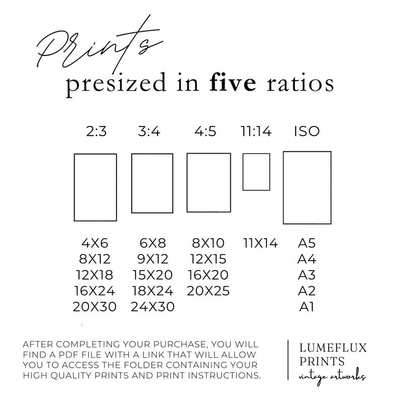 May include: A white graphic with the text "Prints presized in five ratios" and size options for prints, including 4x6, 8x10, and 11x14 inches. The image also includes the text "LUMELUX PRINTS vintage artworks."