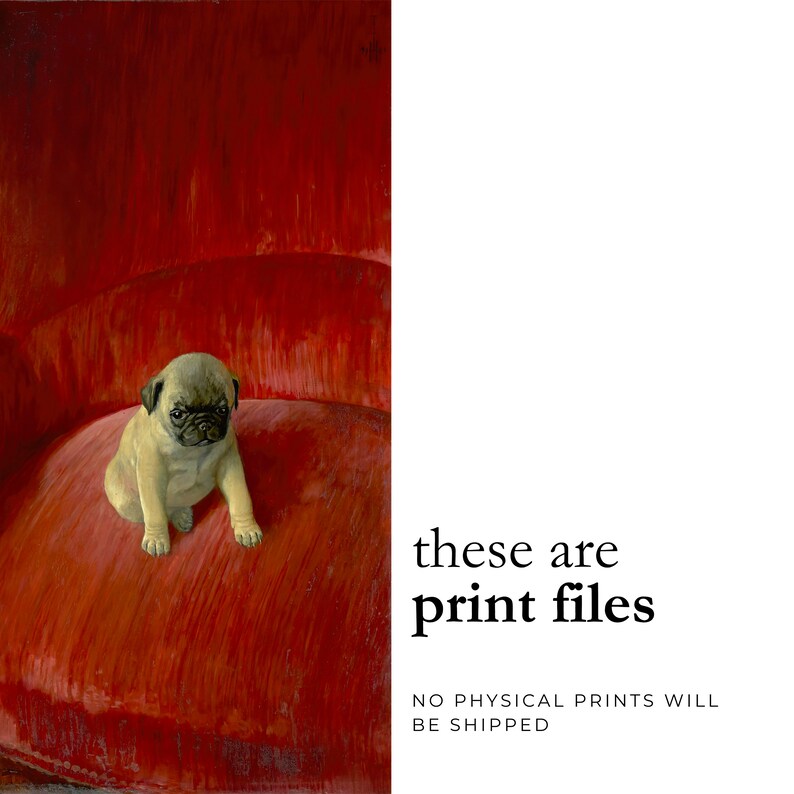 Puede incluir: Un cachorro de carlino beige sentado sobre un coj&iacute;n rojo con botones. La imagen incluye el texto "these are print files" y "NO PHYSICAL PRINTS WILL BE SHIPPED". El cachorro tiene un hocico negro y ojos oscuros. El fondo es rojo oscuro.