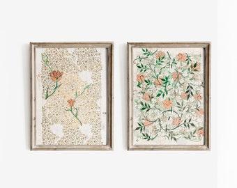 William Morris Floral Prints Set | Vintage Botanical Wall Art | Floral Pattern Cotton Prints | Neutral Beige Home Decor | Fine Art Prints