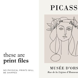 Puede incluir: Una impresi&oacute;n art&iacute;stica minimalista con un dibujo lineal del rostro de una mujer con elementos florales, sobre un fondo beige. La palabra "PICASS" est&aacute; en la parte superior, con "MUS&Eacute;E D'ORS" y texto debajo. El texto "these are print files" tambi&eacute;n est&aacute; presente.