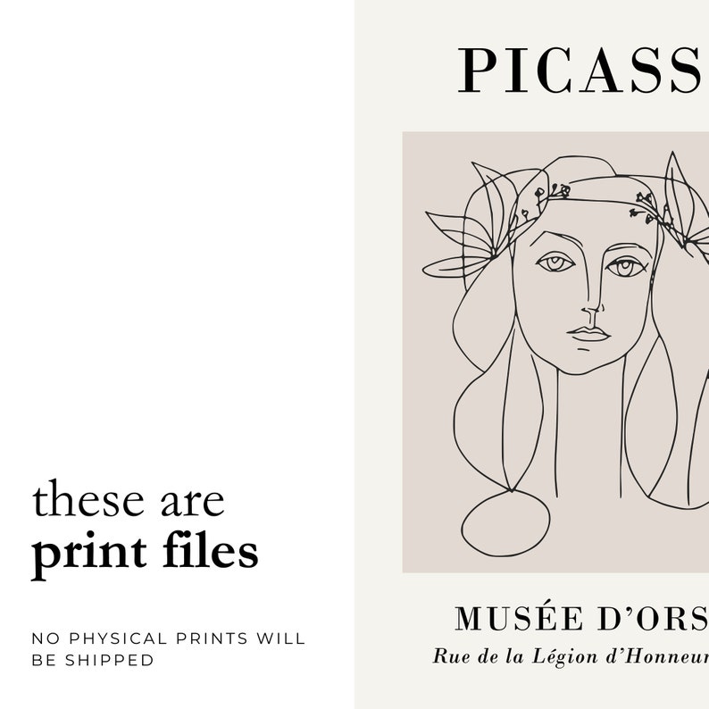 Puede incluir: Una impresi&oacute;n art&iacute;stica minimalista con un dibujo lineal del rostro de una mujer con elementos florales, sobre un fondo beige. La palabra "PICASS" est&aacute; en la parte superior, con "MUS&Eacute;E D'ORS" y texto debajo. El texto "these are print files" tambi&eacute;n est&aacute; presente.