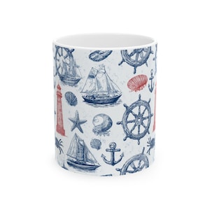 Coastal Nautical Ceramic Mug - Sailboat, Lighthouse, Beach-themed Coffee Cup for Ocean Lovers, Gifts for Summer, Travel, Vacation