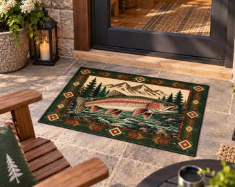 Rainbow Trout Outdoor Rug, Fishing Cabin Decor, Lake House Rug