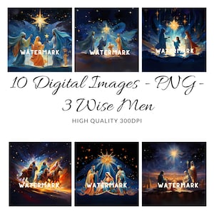 Digital Files, 3 Wise Men and Nativity Scene, 10 Colorful Digital Illustrations,  PNG Files,  High-Quality 300DPI Images, Instant Download