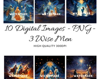 May include: Ten digital images of the three wise men following the star of Bethlehem. The images are in a PNG format and are high quality 300 DPI.