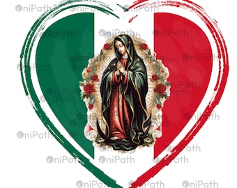 May include: A heart-shaped image with a green and red background, representing the Mexican flag. The center of the heart features a painting of the Virgin Mary, surrounded by flowers.