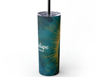 May include: A stainless steel tumbler with a teal and gold design featuring a depiction of the Virgin of Guadalupe. The text "Guadalupe" and "Nuestros..." is visible on the tumbler.