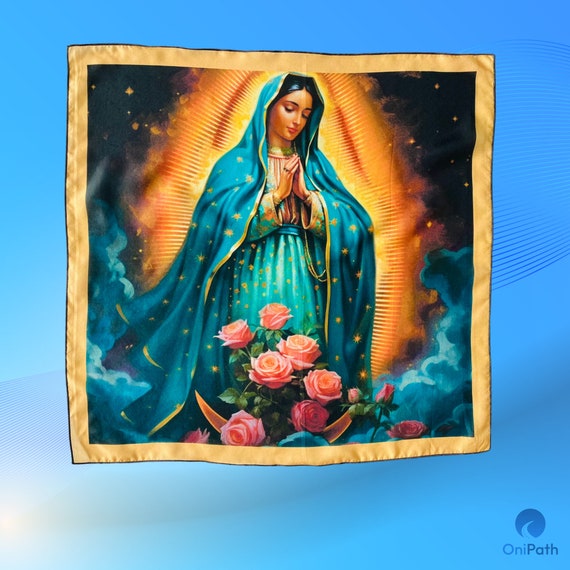 Virgen Guadalupe Blue Scarf, Guadalupe Virgin, San Juan Diego, Mexican Blue Handkerchief, Mexico Paliacate Fabric Tissue, Mexican Kitsch