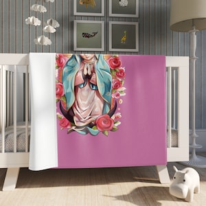 Virgen de Guadalupe Pink Throw Blanket For Children, Lady of Guadalupe Fleece 50X60&quot; Blanket, Virgin Mary Catholic Gift, Baptism, Birthday