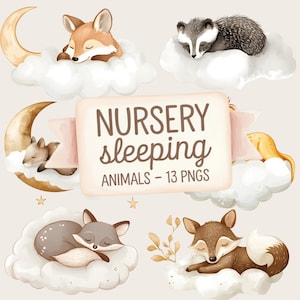 Clipart animaux bébé endormi, aquarelle chambre d'enfant animal PNG, bébé renard des bois & Lion, lune mignonne, art nuage, téléchargement numérique
