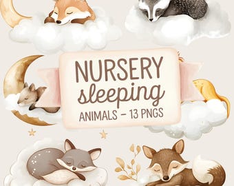 Watercolor Sleeping Animals Clipart: Nursery Art PNG (Digital Download)