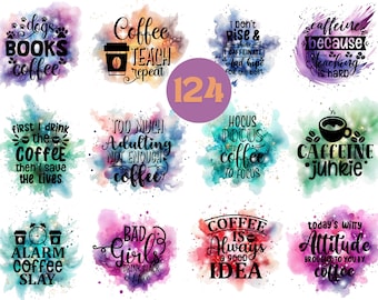 Coffee PNG Bundle: Funny Quotes, Watercolor Clipart (Digital Download)