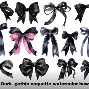 Dark black Coquette Ribbon Bow Watercolor PNG Set of 31, commercial use