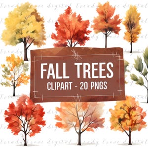 Clipart d'arbres d'automne, aquarelle d'arbres d'automne, PNG de forêt rustique, illustrations d'arbres peintes à la main, feuillage saisonnier, fond transparent