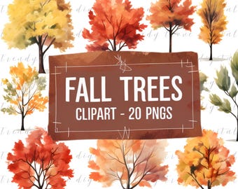May include: A digital clipart set of 20 watercolor fall trees in various shades of yellow, orange, and red. The trees are isolated on a white background. The text "FALL TREES CLIPART - 20 PNGS" is displayed on a brown rectangle.
