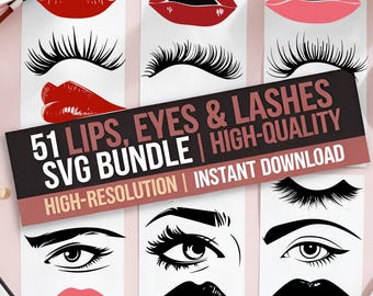 Lips Eyes Lashes SVG Bundle: 51 Beauty Clipart Files (Instant Download)