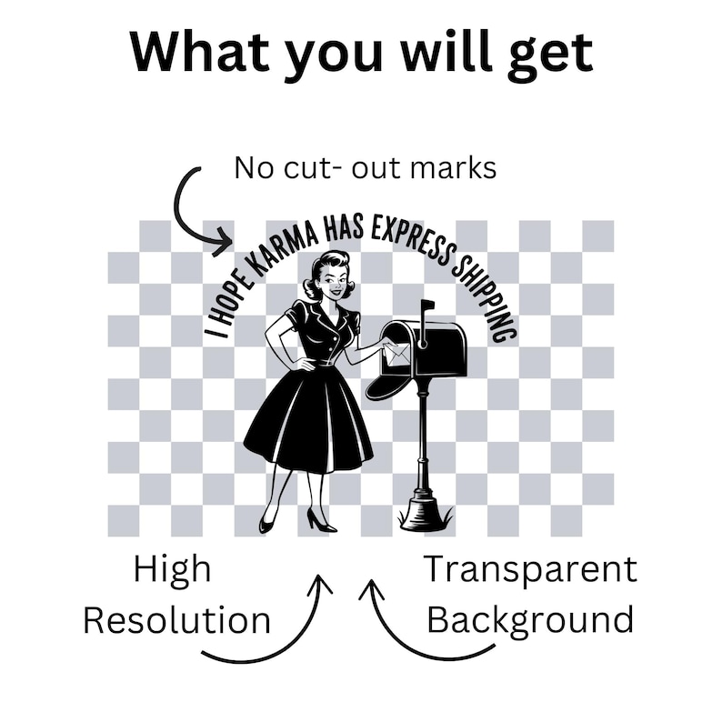 May include: Black and white graphic featuring a woman in a vintage dress placing a letter in a mailbox. Text reads "I HOPE KARMA HAS EXPRESS SHIPPING." Additional text indicates "High Resolution" and "Transparent Background."