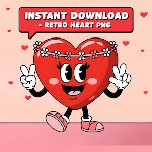 Corazón retro PNG, lindo corazón kawaii clipart, sublimación del día de San Valentín, calcomanía de corazón de dibujos animados, corazón estético de los 90, signo de la paz PNG