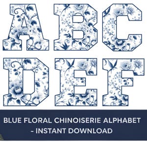 Letras del alfabeto chinoiserie azul, monogramas florales PNG, mayúsculas y números de la A a la Z, imágenes prediseñadas de porcelana vintage, sublimación, fuentes Cricut